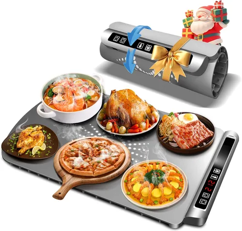 Tapete de calentamiento para alimentos, bandeja de calentamiento eléctrica con 5 niveles de temperatura ajustable y temporizador, alfombrilla de