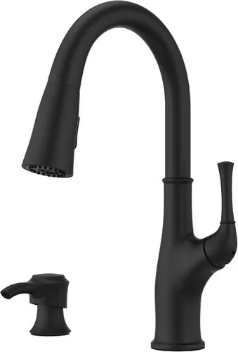 Miniatura 16 de Pfister Alderwood - Grifo de cocina con rociador extraíble y dispensador de jabón, de una sola manija, certificado NSF, acabado en oro cepillado