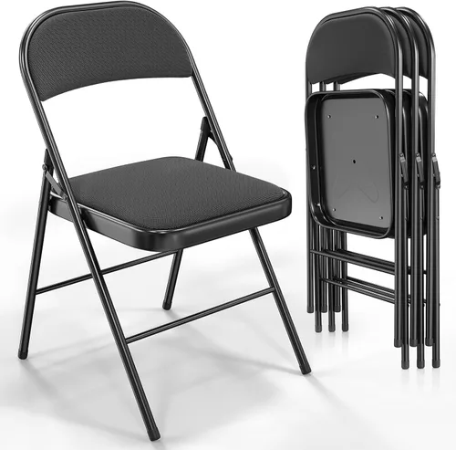 VINGLI Paquete de 4 sillas plegables con asientos acolchados, marco de metal con asiento y respaldo de tela, capacidad de 350 libras, color negro,