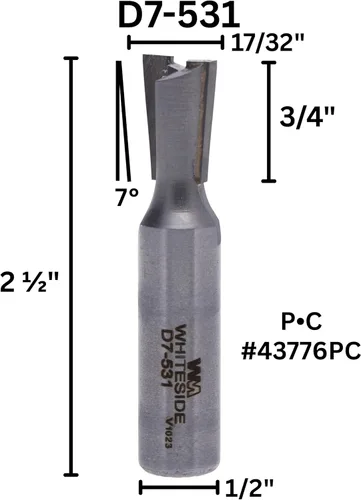 Miniatura 2 de Whiteside D7-530 Broca de enrutador de cola de milano de 7 grados: diámetro grande de 17/32 pulgadas, profundidad de corte de 3/4 pulgadas, vástago