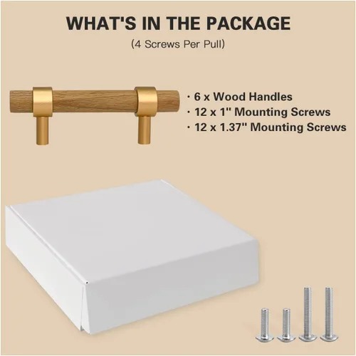 Miniatura 2 de Paquete de 6 tiradores de madera para cajones, manijas de madera de haya, 3-3/4 pulgadas, accesorios de madera para armarios, aparadores