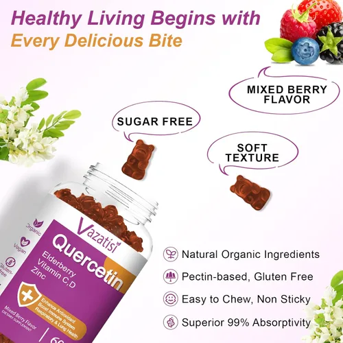 Miniatura 5 de Gomitas de quercetina, quercetina con vitamina C, zinc, bromelina, saúco y vitamina D, apoyo inmunológico para adultos y niños, mujeres y hombres