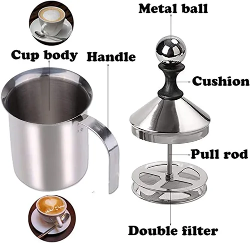 Miniatura 3 de Espumador manual de doble capa de acero inoxidable 304 para café con leche, etc. (14 oz)