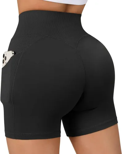 Miniatura 3 de OMKAGI - Pantalones cortos de entrenamiento de cintura cruzada para mujer con bolsillo, de 5 pulgadas de entrepierna, pantalones cortos de cintura