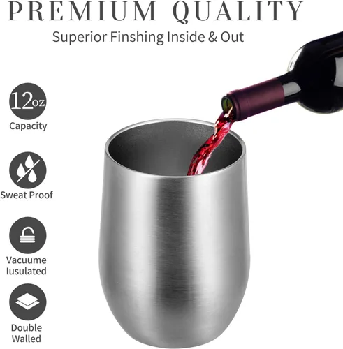 Miniatura 2 de MEWAY Vaso de vino sin tallo de 12 onzas con tapa, vaso de viaje de acero inoxidable con aislamiento de doble pared al vacío con popote