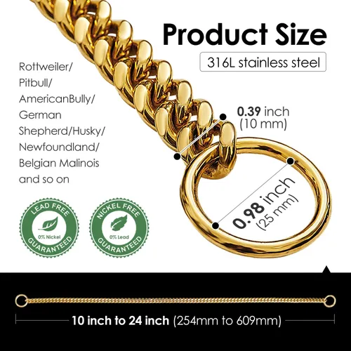 Miniatura 2 de txprodogchains Collar de Cadena de Oro para Perro de 18K, Cadena de Eslabones Cubanos de 10MM, Cadena de Metal de Acero Inoxidable, Collar de Oro 18k