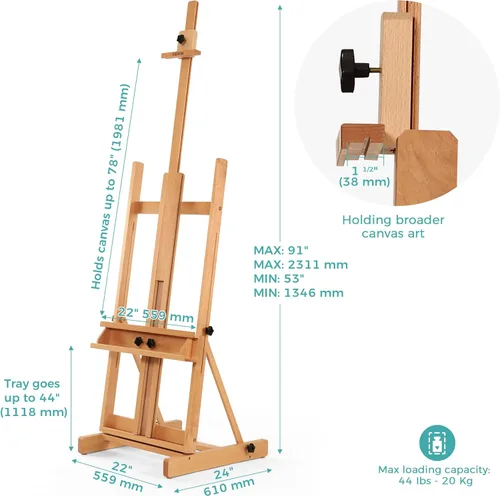 Miniatura 2 de VISWIN Caballete grande con marco en H para pintar de 53 a 91 pulgadas de alto, soporte ajustable de madera de haya maciza resistente con bandeja