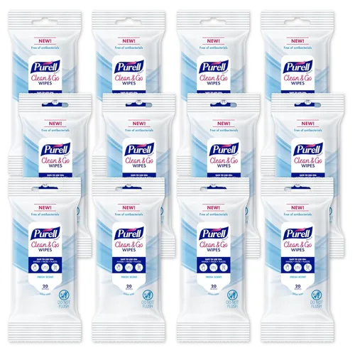 Purell Toallitas de limpieza Clean & Go, para piel y superficie, aroma fresco, paquete de viaje de 20 unidades (pack de 12), 9269-12-CMR