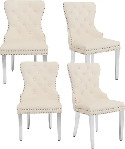 Miniatura 35 de adochr Juego de 2 sillas de comedor de terciopelo, sillas de comedor tapizadas acolchadas con anillo de tracción y patas de acero inoxidable, beige