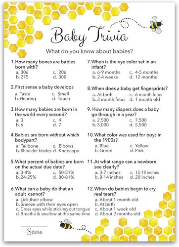 Juego de Baby Shower de abeja – Baby Trivia – Paquete de 25 – Mommy to bee Bumble bee Neutral Amarillo Divertido Baby Datos Juegos de fiesta,