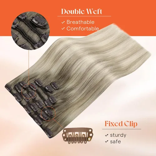Miniatura 9 de Sunny Hair - Extensiones de cabello clip-in, cabello humano lacio Remy, extensiones de cabello humano real clip-in, color rubio ceniza degradado a