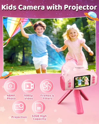 Miniatura 2 de Cámara para niños con proyector, cámara digital HD 1080P para niños de 3 a 12 años, grabadora de video fotográfico de 48 MP con soporte, tarjeta SD