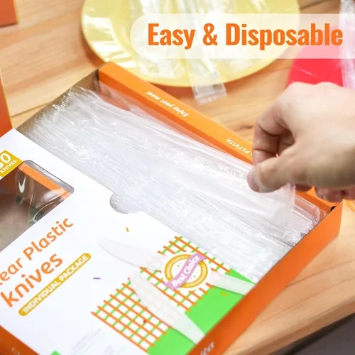 Miniatura 5 de Cuchillos desechables de plástico transparente, paquete de 50 unidades envueltos individualmente
