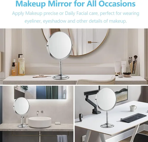 Miniatura 4 de Espejo de maquillaje plateado 1X/10X de pie libre 8 pulgadas 360 giratorio de doble cara espejo de maquillaje de mesa, metal
