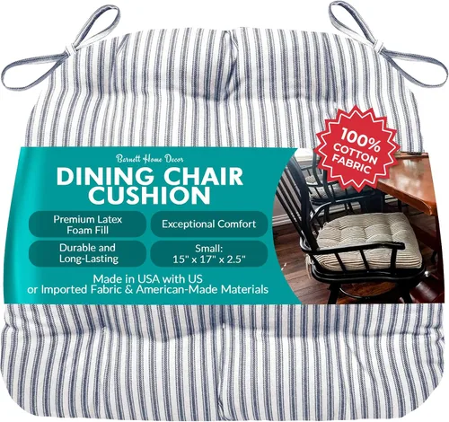 Miniatura 45 de Barnett Home Decor Ticking Stripe Berlin Blue - Almohadilla para silla de comedor con lazos, tamaño mediano 18, relleno de espuma de látex, lavable