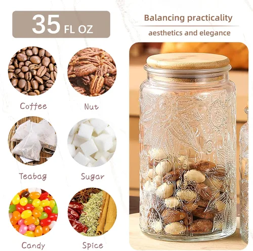 Miniatura 4 de Custde Tarros de almacenamiento de vidrio con tapa hermética de bambú, 35 onzas líquidas, recipientes decorativos de alimentos para encimera