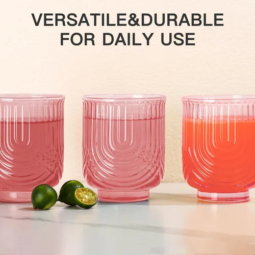 Miniatura 7 de JOVGANK Juego de vasos de bebida vintage rosados de 6 a 14 onzas, vasos de vidrio rosa art déco, vasos de cóctel de whisky, para bar, jugo de café