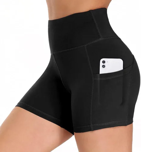 HLTPRO - Pantalones cortos tipo biker de elastano para mujeres con diseño de bolsillos laterales y tiro alto para entrenar ir al gimnasio y hacer
