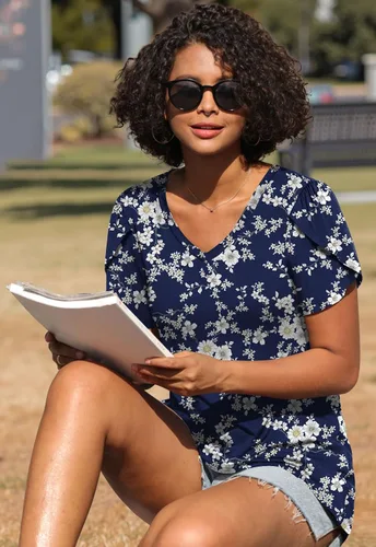 Miniatura 4 de CATHY 2025 - Blusas de verano para mujer, con mangas cortas, cuello en V, estilo túnica, tallas S-4XL