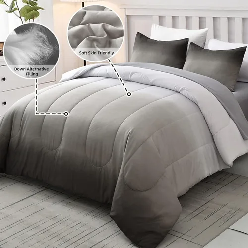 Miniatura 4 de Anibedding Juego de edredón gris de 7 piezas, tamaño King, degradado negro, gris y blanco, ropa de cama en una bolsa para cama King, juegos de ropa
