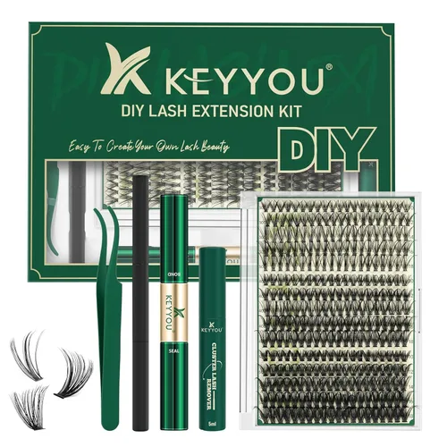 Kit de extensión de pestañas DIY KEYYOU 300 piezas, kit de racimos de pestañas con removedor de pegamento y aplicador, fácil de usar para