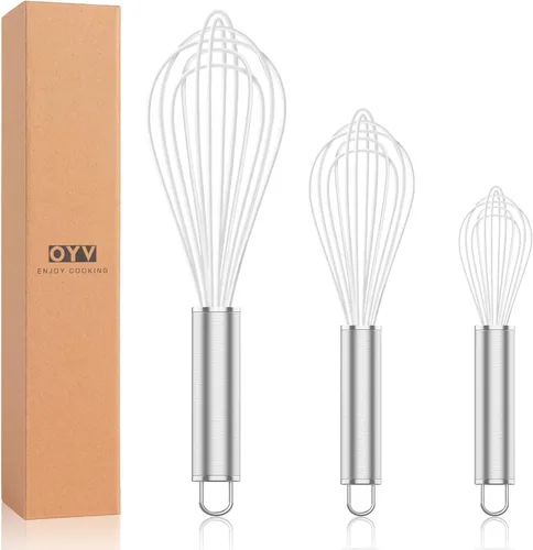 Miniatura 17 de OYV Batidor de silicona, paquete de 3 batidores profesionales para cocinar sin arañazos, acero inoxidable y silicona, batidor de goma de plástico