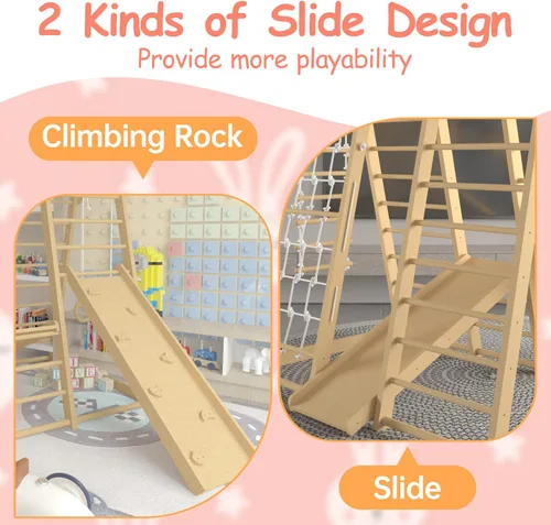 Miniatura 4 de Gimnasio de la selva para niños pequeños, juego de patio interior de 66 pulgadas con columpio, pared de escalada en roca, tobogán, barras de mono