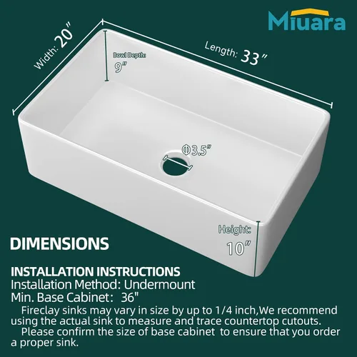 Miniatura 16 de Miuara Fregadero de Granja Negro de 33 Pulgadas - Fregadero de Cocina Grande de Frente con Delantal Tazón Individual 33"x18"x10", Instalación Bajo
