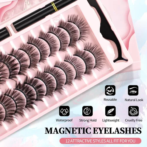 Miniatura 4 de Kit de pestañas magnéticas y delineador de ojos, 12 pares de pestañas magnéticas diferentes de aspecto natural 3D con delineador de ojos y pinzas