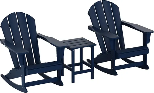 WestinTrends Malibu - Juego de 3 sillas mecedoras Adirondack de polietileno para exteriores y patio con mesa auxiliar (2 plazas), color azul marino