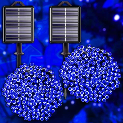Guirnalda de luces solares azules impermeables para exteriores, paquete de 2 unidades de 144 pies, 400 LED con 8 modos de impermeabilidad IP44,