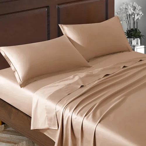 Eikei Juego de sábanas de lujo de 400 hilos de algodón egipcio, tejido de satén de fibra larga, transpirable, sedoso, suave, Pima Premium (beige