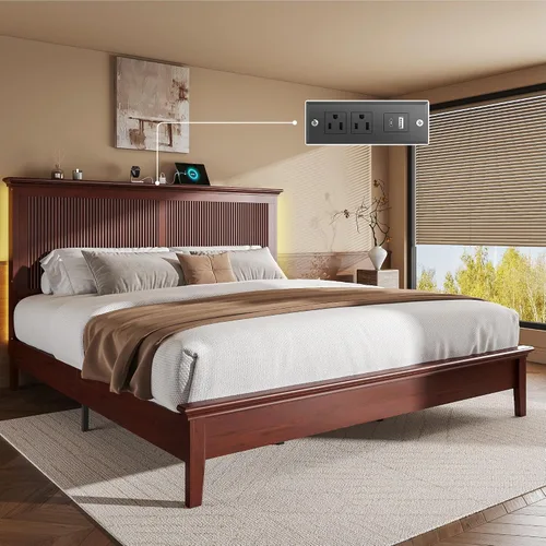 Miniatura 13 de Lifezone Cama Queen de madera, cama de madera maciza con cabecera alta, diseño vintage americano, cama Queen con estación de carga y LED RGB, Nogal
