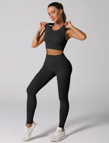 Miniatura 4 de Conjuntos de entrenamiento para mujer, 2 piezas, sin costuras, acanalada, sin mangas, brasier deportivo, cintura alta, pantalones cortos