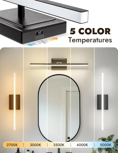 Miniatura 3 de NIORSUN Lámpara de baño moderna de 24 pulgadas, 14W 5CCT regulable LED negro, luces de tocador de baño sobre espejo, luces de tocador para espejos
