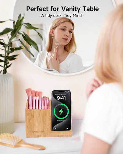 Miniatura 5 de Portaplumas de bambú para escritorio y organizador de mesita de noche con carga inalámbrica rápida para iPhone, Samsung y más – Accesorios