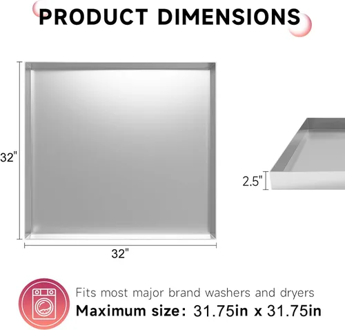 Miniatura 2 de Bandeja de drenaje de acero inoxidable 304 de 32 x 32 x 2.5 pulgadas, bandeja de goteo compacta de acero resistente, bandeja de lavadora sin fugas