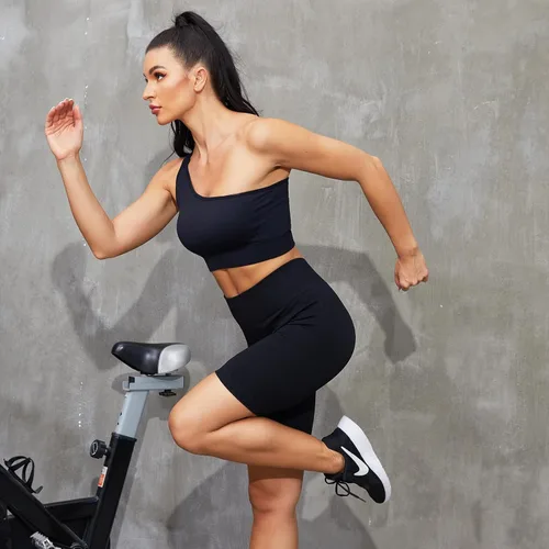 Miniatura 6 de Plubedo Conjuntos de entrenamiento para mujer, 2 piezas, acanalados, sin costuras, con un hombro, de cintura alta, para yoga, conjunto deportivo