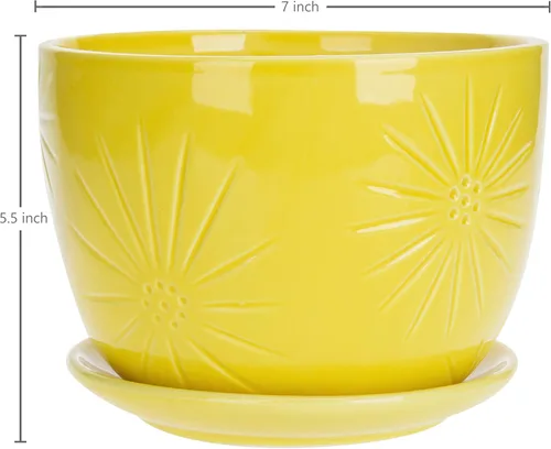 Miniatura 5 de MyGift - Maceta redonda de cerámica amarilla de 17,78 cm con orificio de drenaje y platillo adjunto, moderna y decorativa, con relieve
