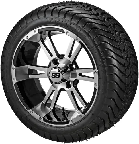 RM Cart Raptor de 12 pulgadas, negro/mecanizado en neumáticos LSI Elite 215/35-12 (juego de 4), se adapta a carritos Yamaha, neumáticos y ruedas