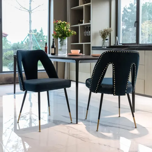 Miniatura 8 de Aoowow Juego de 2 sillas de comedor modernas, sillas laterales tapizadas de terciopelo con cabezas de clavos y patas de metal negro con punta Azul
