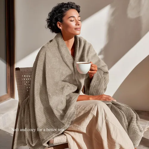 Miniatura 4 de Manta de vellón para sofá, mantas cálidas de felpa para cama, manta de franela mullida y acogedora para sofá cama, patrón jacquard de viaje, beige