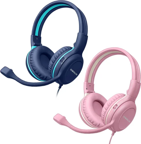 Miniatura 10 de SIMOLIO Audífonos para niños con micrófono para la escuela, auriculares con cable de 75/85/94 dB con micrófono retráctil para iPad, PC, laptop