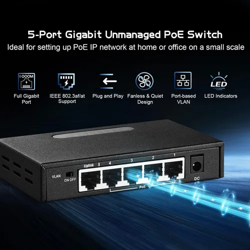 Miniatura 2 de Binardat Conmutador POE Gigabit de 5 puertos, 4 puertos 1000Mbps IEEE802.3af/at, 1 Uplink, Fuente de alimentación de 65W, Mini caja de metal