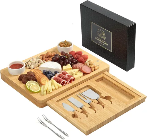 Miniatura 8 de Juego de tablas de queso de bambú, tablas de charcutería y plato de carne para servir, bandeja de queso con 4 cuchillos de queso de acero