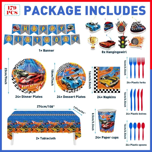 Miniatura 2 de Juego de 179 platos de auto de carreras, servilletas, decoraciones de fiesta de cumpleaños, juego de vajilla desechable, vasos de papel, pancarta