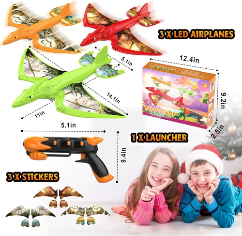 Miniatura 6 de Paquete de 3 juguetes lanzadores de aviones de dinosaurio, juguetes voladores para niños de 3, 4, 5, 6, 7, 8, 9, 10 años, avión de espuma, juguetes