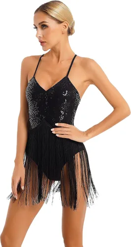 Miniatura 2 de Xnihocha Body de mujer con tirantes delgados y lentejuelas brillantes y flecos, para bailarín latino de jazz, ballet, bailarina latina