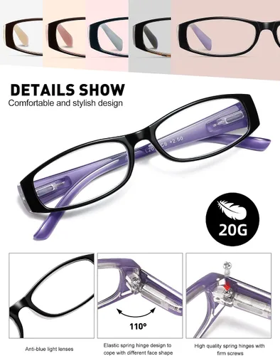 Miniatura 3 de Gafas de lectura con bloqueo de luz azul, paquete de 5 lentes de lectura para mujer con bisagras de resorte cómodas, lectores antirreflejos, *Mezcla