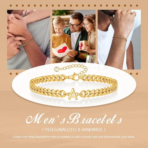 Miniatura 3 de Pulsera con inicial para hombre, cadena de eslabones cubanos de oro y plata, ajustable, joyería para hombre, regalos únicos para hombres, marido